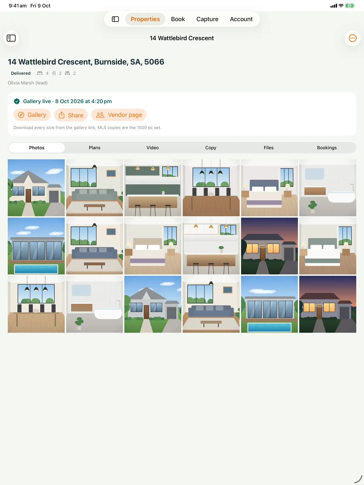 FotoPal Agent on iPad: a property gallery with tabs for Photos, Plans, Video, Copy, Files and Bookings