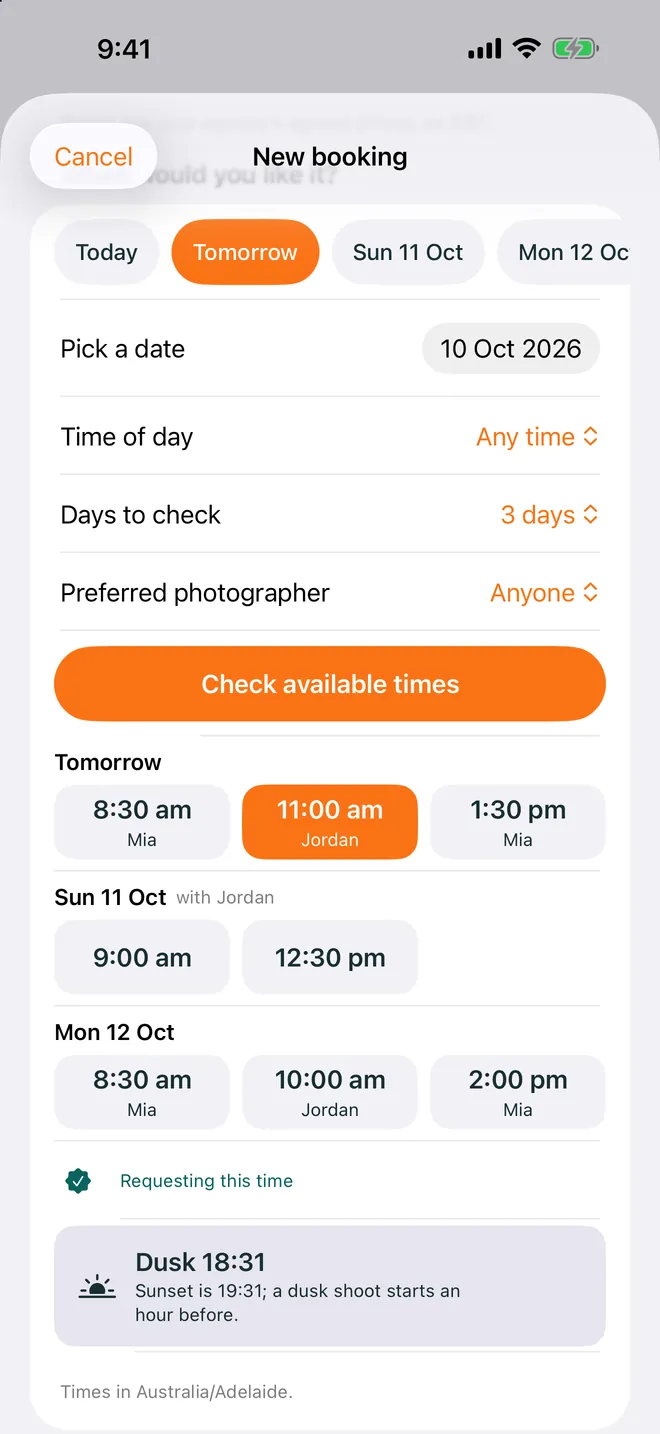 FotoPal Agent on iPhone: New booking, with the free times for the next three days and the dusk time