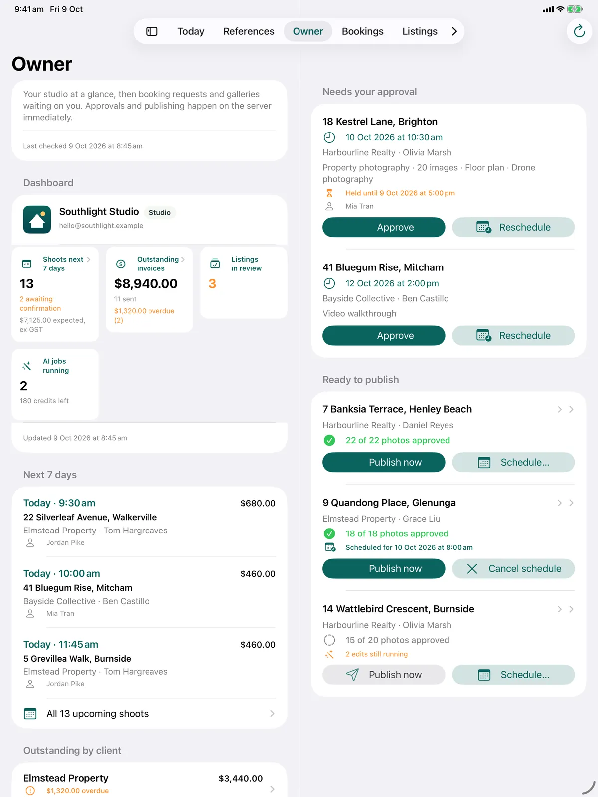 FotoPal Studio on iPad: the owner dashboard with shoots in the next seven days, outstanding invoices and booking requests waiting for approval