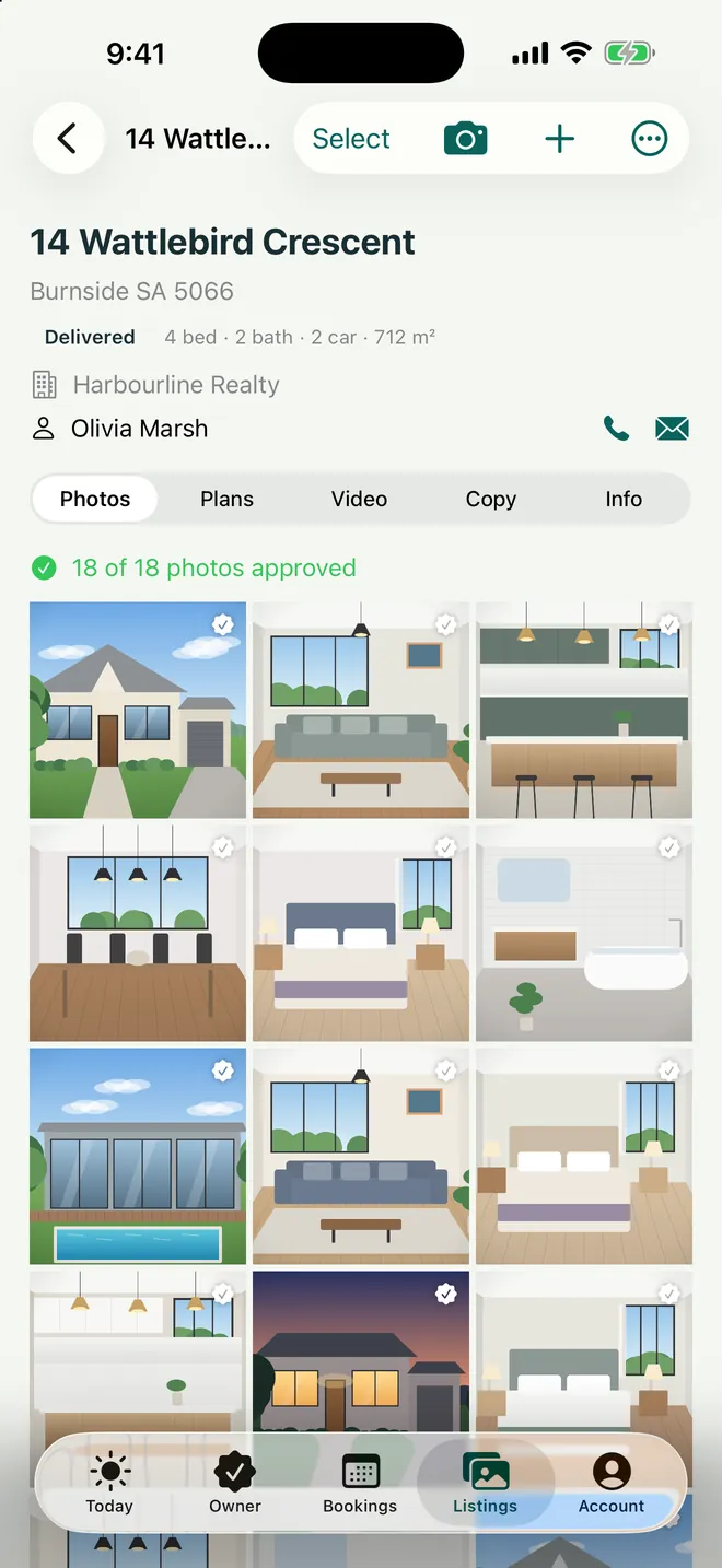 A listing in FotoPal Studio with tabs for Photos, Plans, Video, Copy and Info, and a grid of approved photos