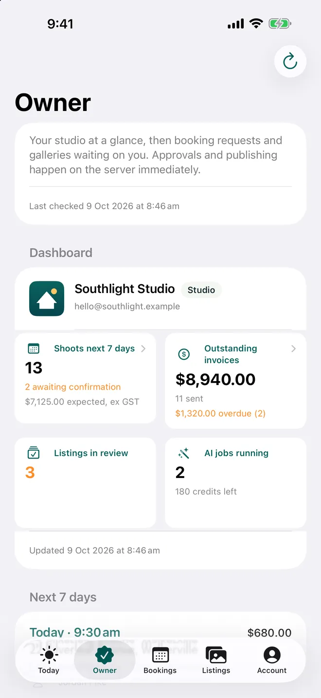 The owner tab: the studio dashboard with shoots in the next seven days, outstanding invoices, listings in review and AI jobs