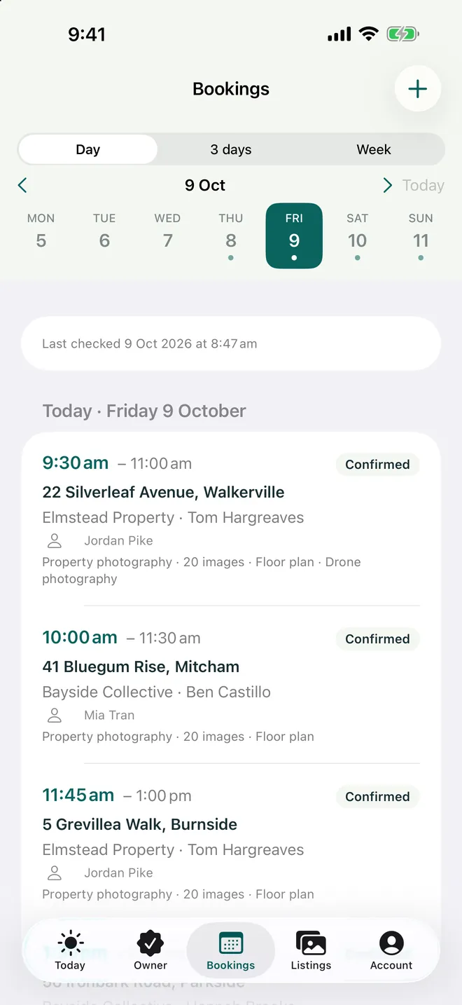 The studio schedule for the day, each booking with its time, address, agent, services and status