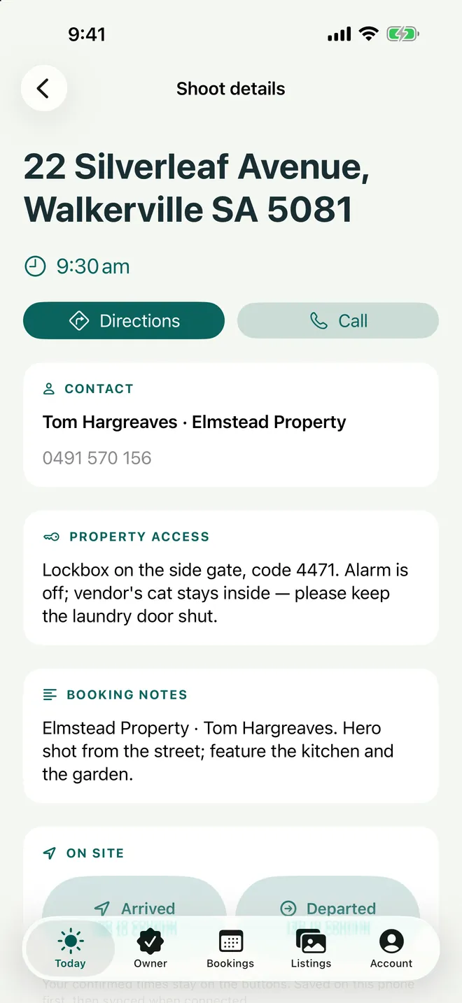Shoot details: the address, Directions and Call, the on-site contact, property access notes with the lockbox code, booking notes, and Arrived and Departed buttons