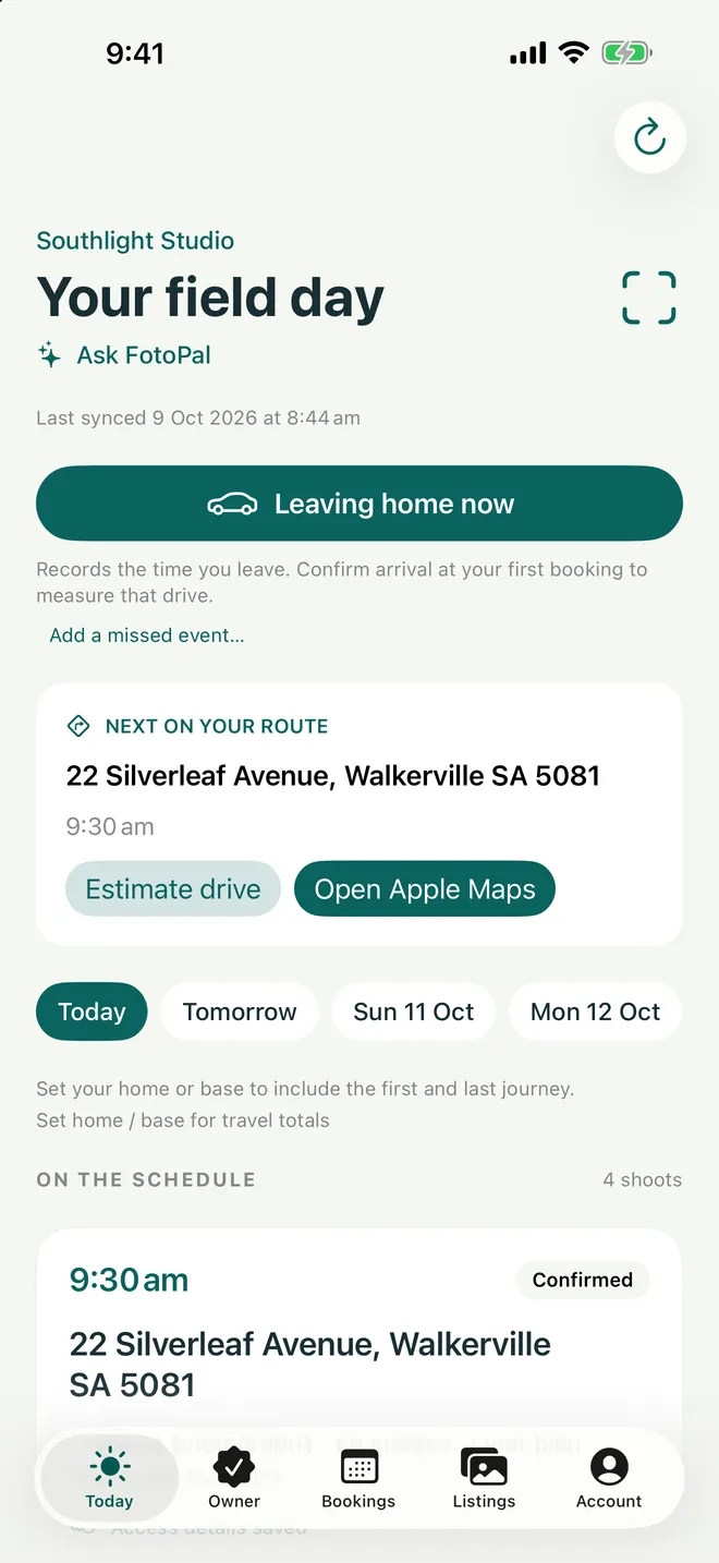 FotoPal Studio on iPhone: Your field day, with a Leaving home now button, the next shoot on the route with Estimate drive and Open Apple Maps, and the day's schedule