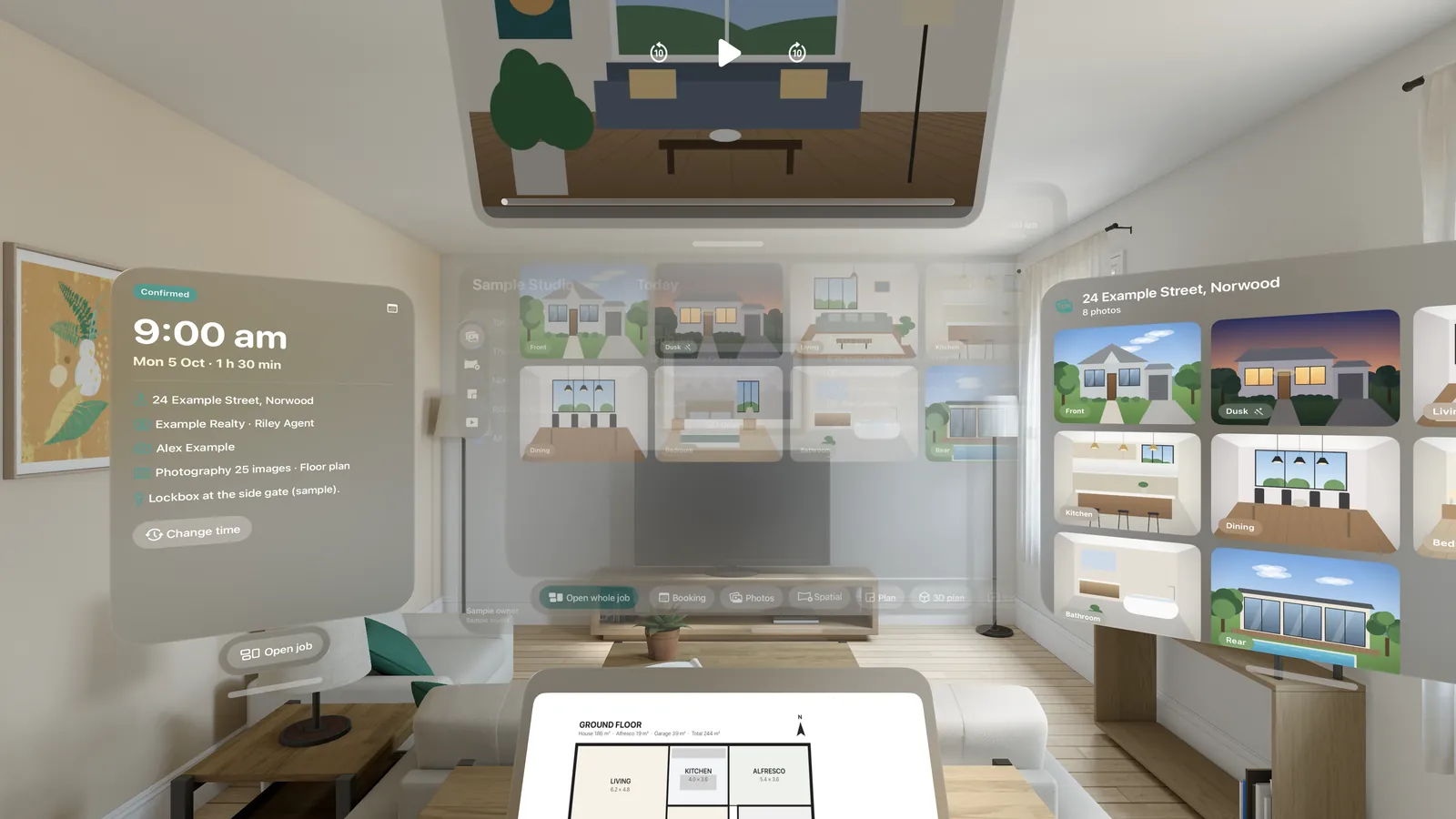 FotoPal Vision: a job laid out around a living room — the booking details, a photo grid, the listing's photos, a video and a floor plan in separate windows