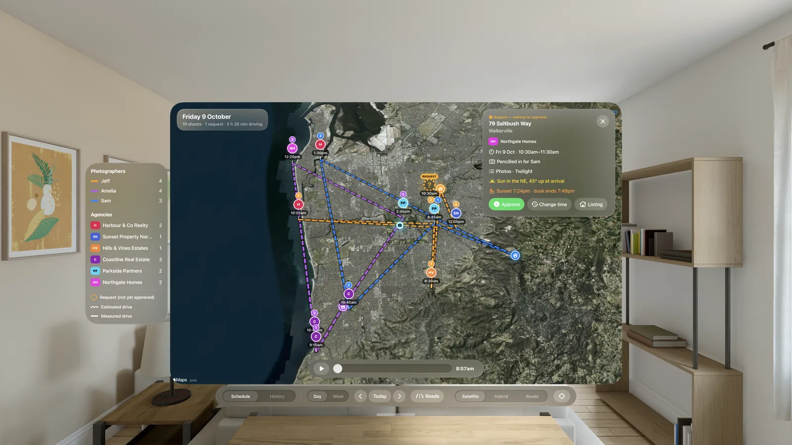 FotoPal Vision's map: the day's shoots pinned on a satellite map of Adelaide, with the routes between them and the day's list