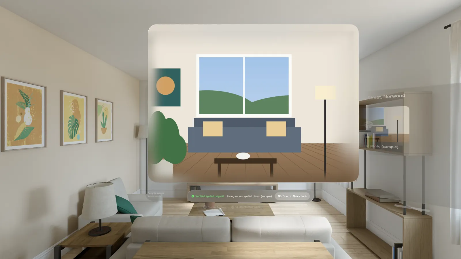 A spatial photo of a living room open in FotoPal Vision on Apple Vision Pro, floating in a room