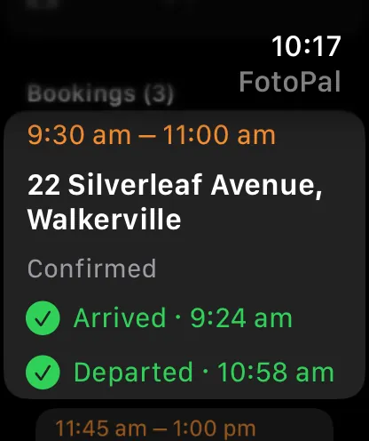 FotoPal on Apple Watch: a shoot at 22 Silverleaf Avenue, Walkerville, 9:30 to 11:00 am, confirmed, arrived 9:24 am and departed 10:58 am