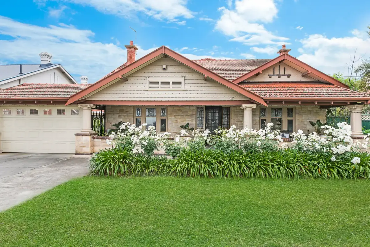 Street-front photo of a bungalow, the clean file delivered beside the marked-up aerial