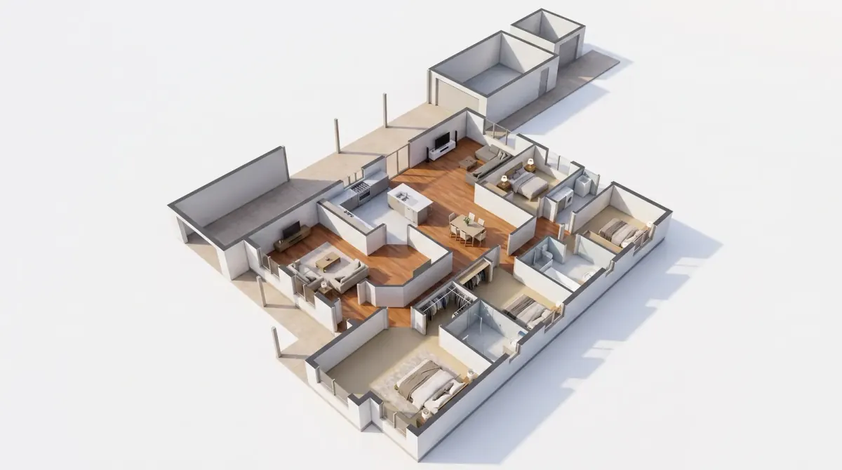 3D dollhouse floor plan render delivered beside the photos